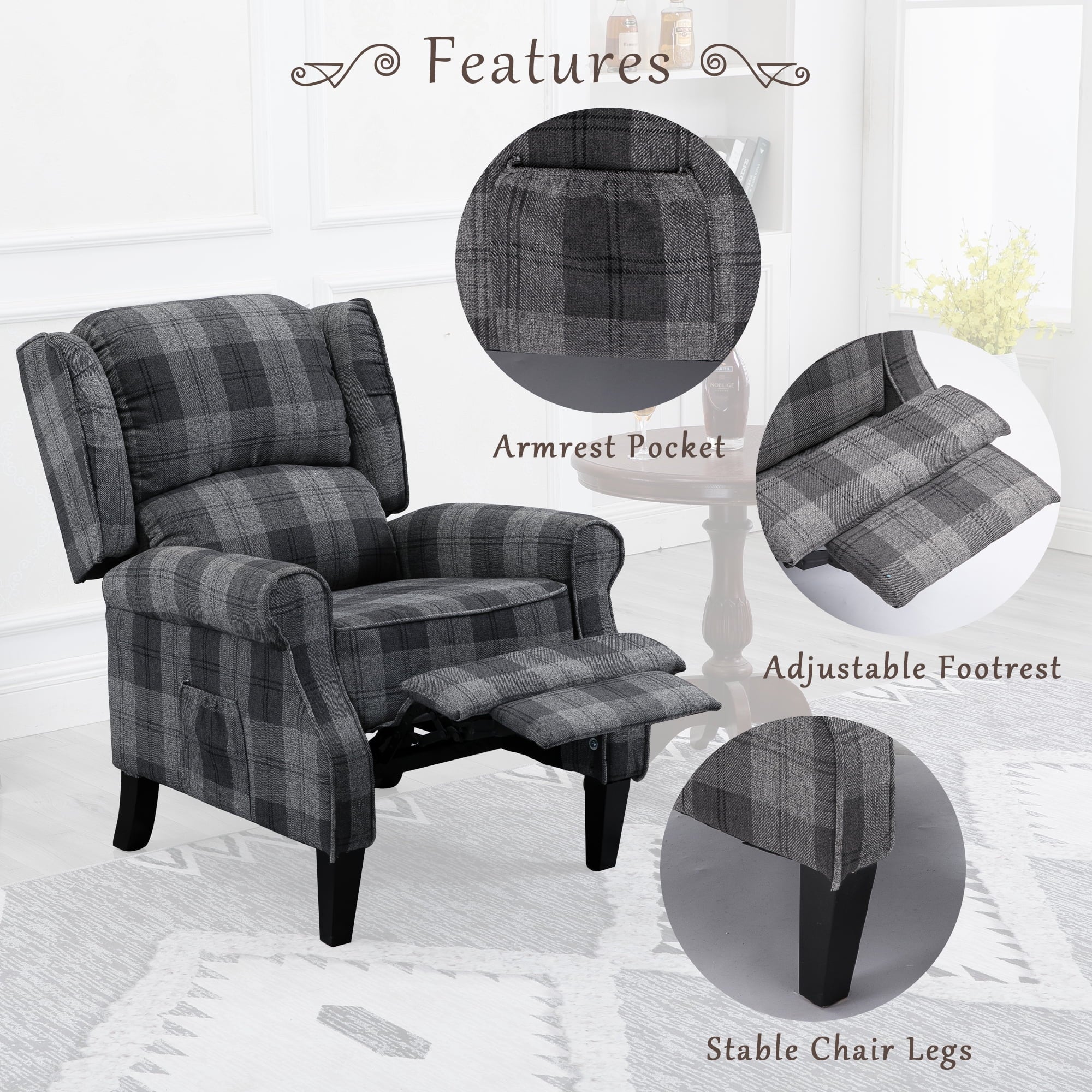 Gray Check Upholstered Recliner Chair with Adjustable Footrest and Side Pocket C748