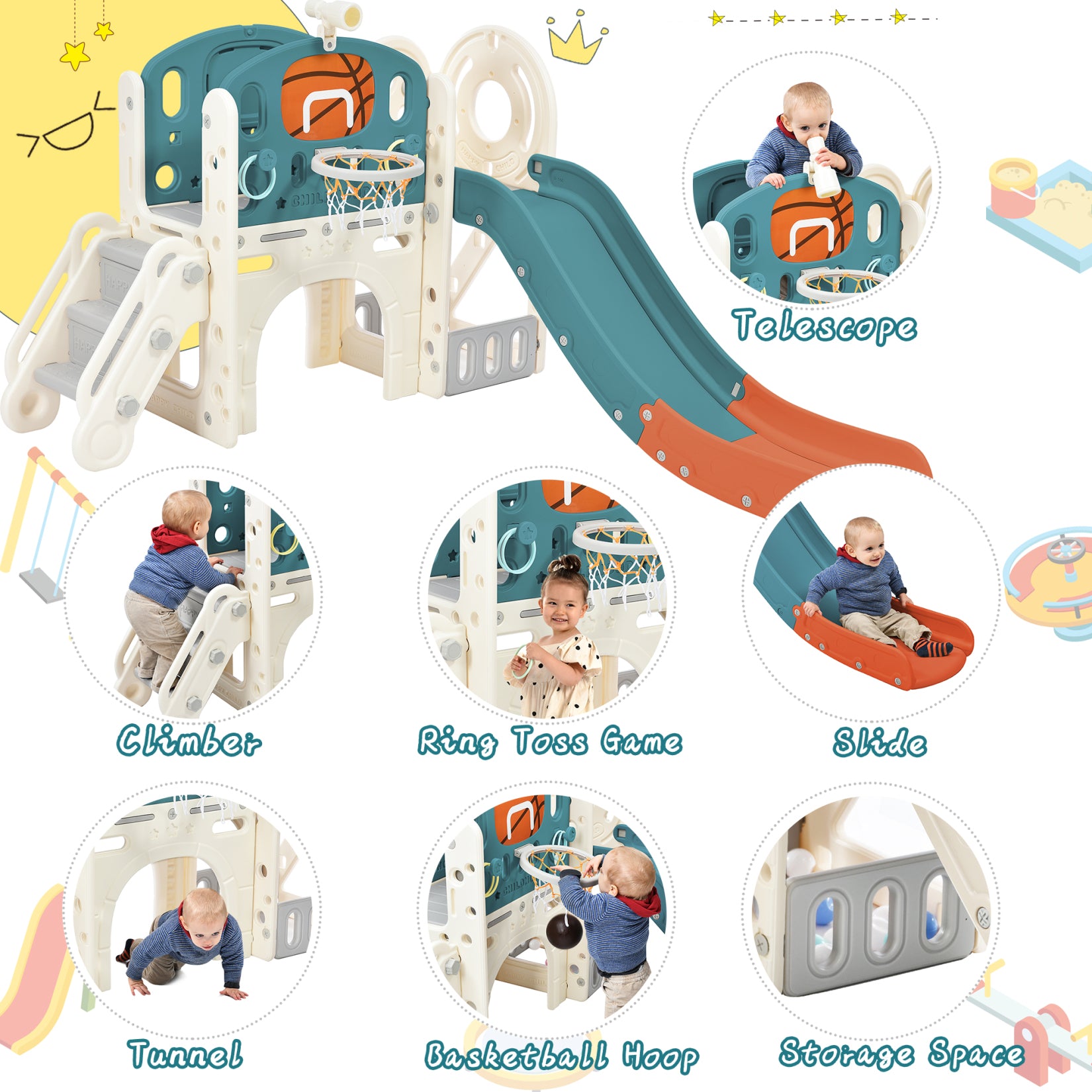 Freestanding Castle Climbing Crawling Playhouse, 7-in-1 Playset, Blue, 72" x 60.2" x 47" X4432