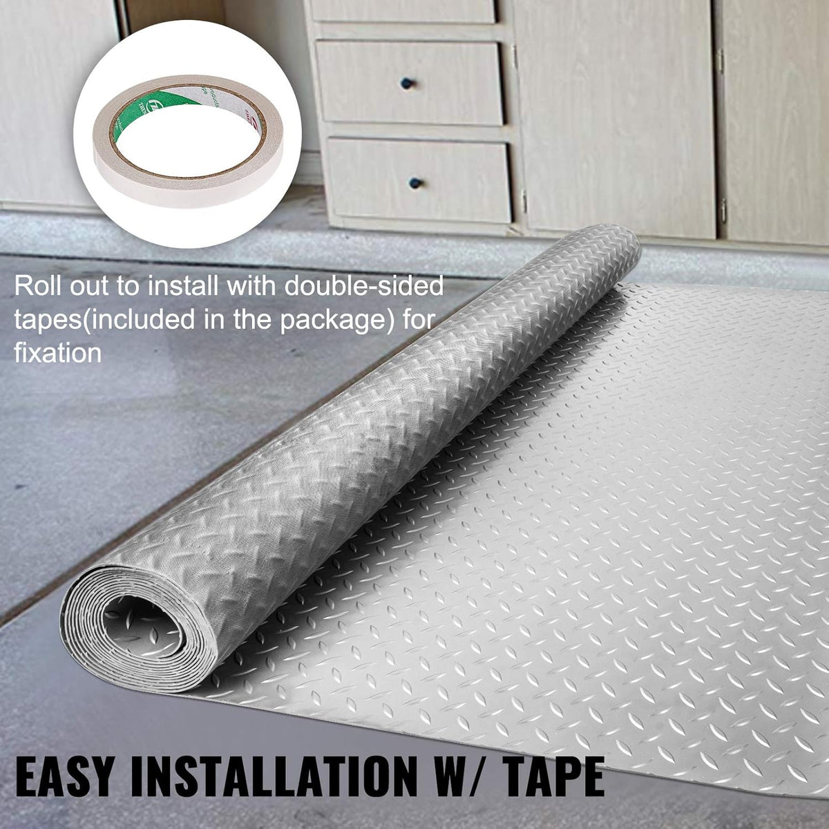 Vinyl Garage Floor Mat 4.9x13ft Anti-Slide Diamond Texture Silver PVC Garage Flooring Roll D815