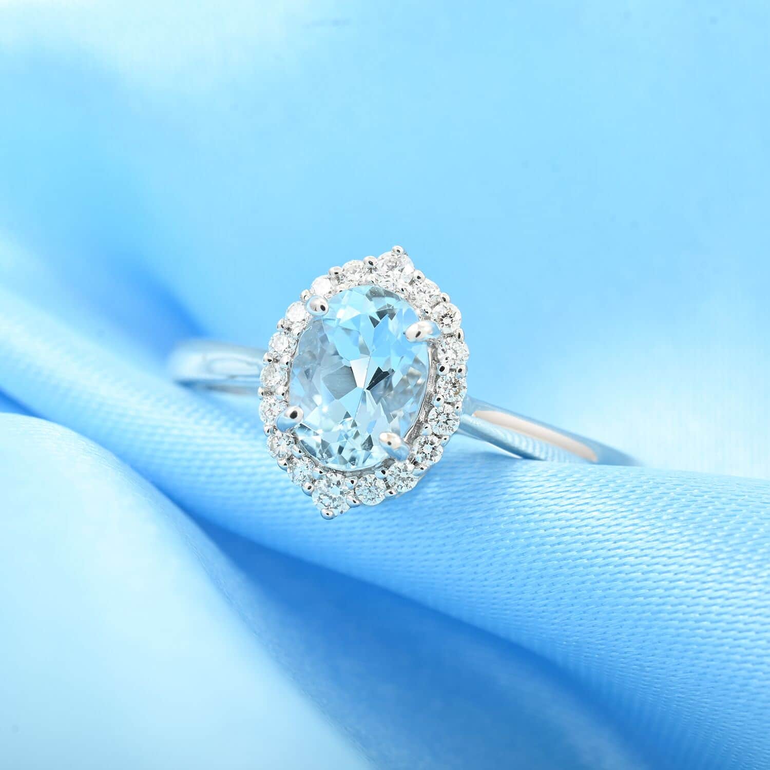 Oval Blue Aquamarine White Diamond 18K White Gold Halo Ring Size 7 Ct 0.85 G-H Color Si1 Clarity O1796