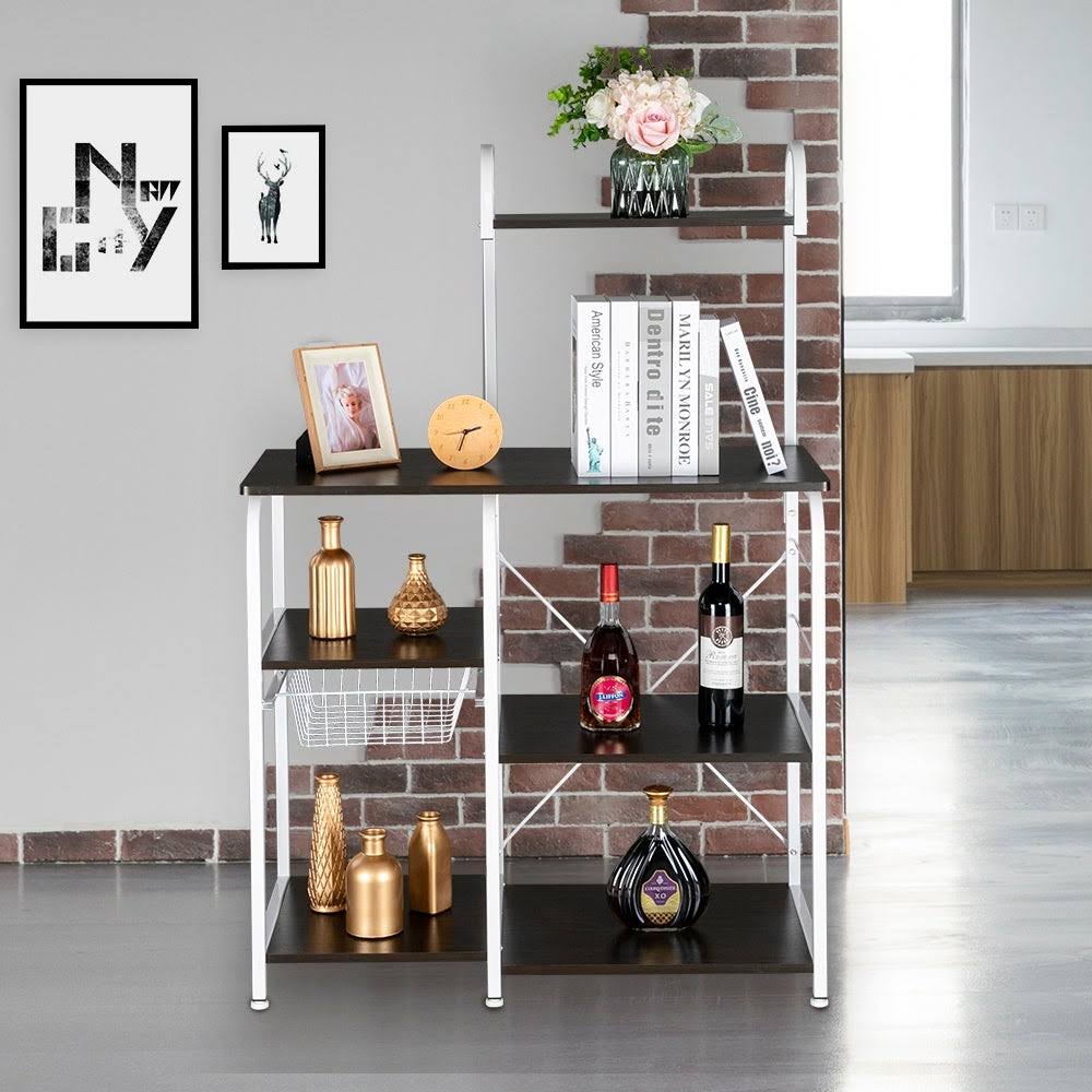 4-Tier Kitchen Baker's Rack Storage Shelf with 10 Hooks Deep Brown S750