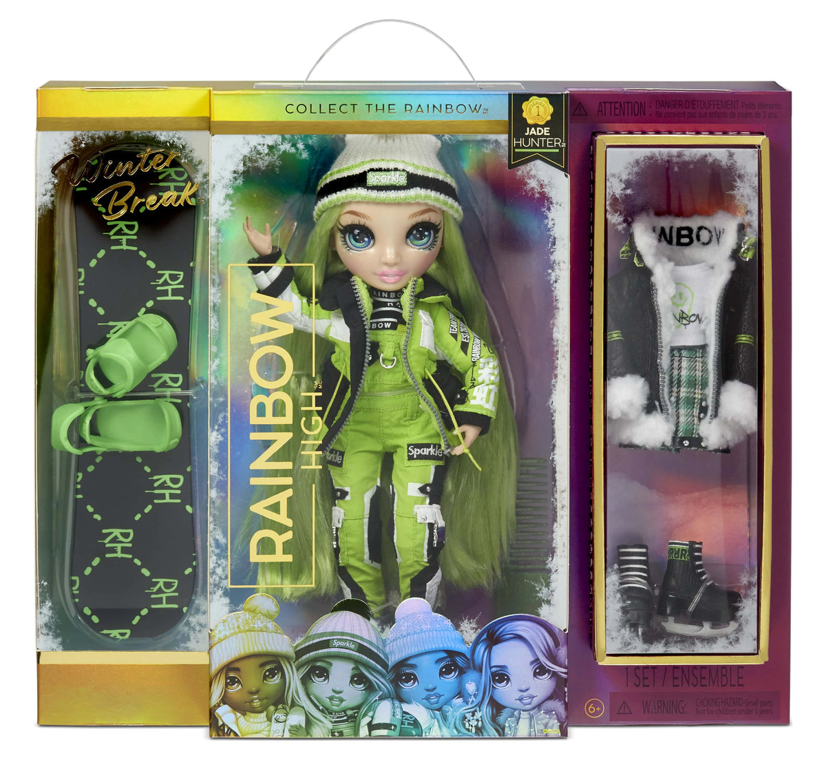 Green Winter Break Fashion Doll and Playset with 2 Complete Doll Outfits, Snowboard and Winter Doll Accessories U376