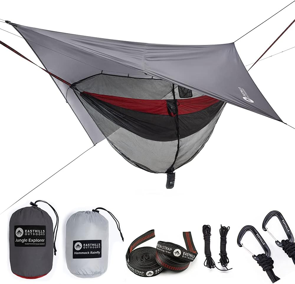 Red Double Camping Hammock with Mosquito Net and Rainfly I214139