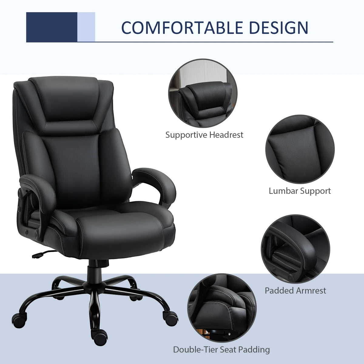 Big and Tall Executive Office Chair with High Back PU Leather, Black L593892