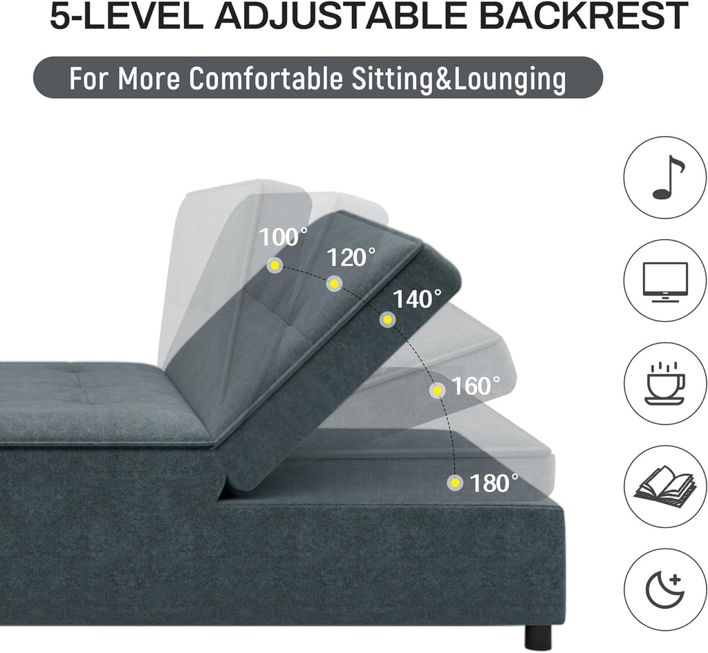 Convertible Sofa Bed with Storage Pocket, USB Ports, Foldable Ottoman Single Sleeper Sofa Chair, Deep Blue S616501