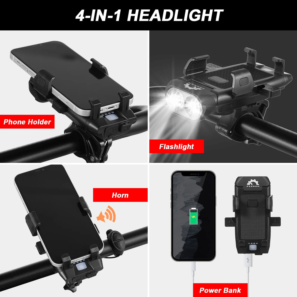 Bike Light Set Front Rear USB Rechargeable Waterproof LED Headlight with Phone Holder Horn T5243