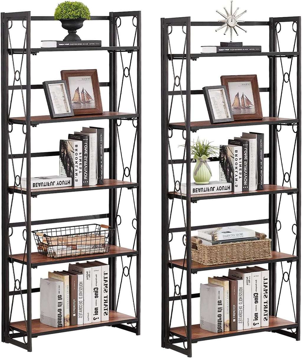 5 Shelf Folding Metal Bookshelf, Set of 2, Dark Brown O269
