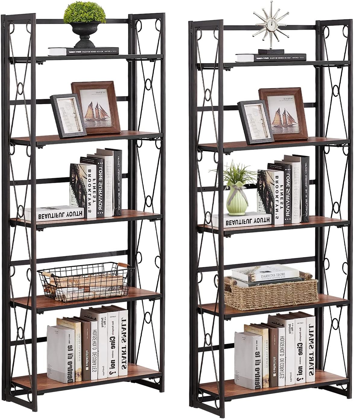 5 Shelf Folding Metal Bookshelf, Set of 2, Dark Brown O269