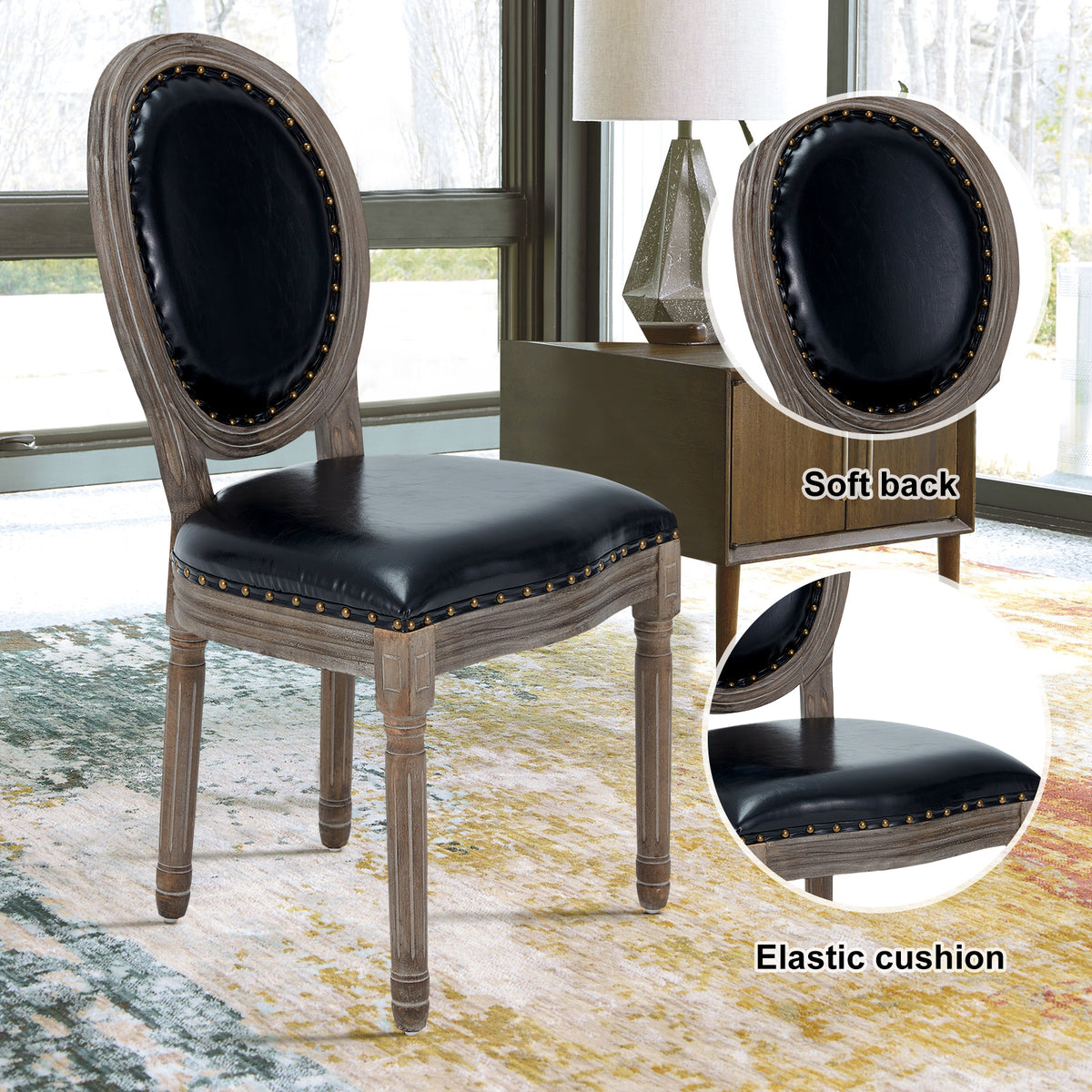 Black Leather Dining Chairs Set of 4 with Solid Wood Legs F93714