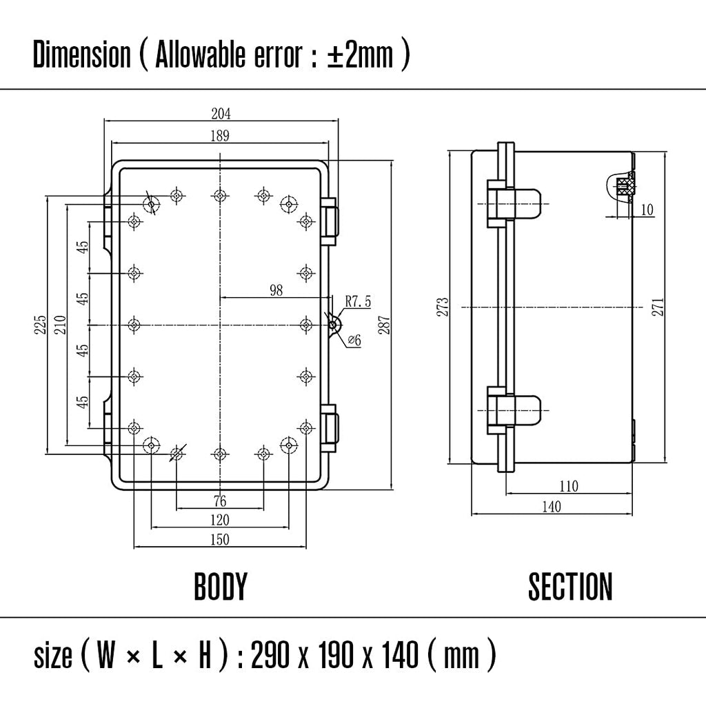 ABS Junction Box Hinged Cover Stainless Steel Latch IP67 Waterproof Plastic Universal Enclosure 8.7x6.7x4.3 inch P639