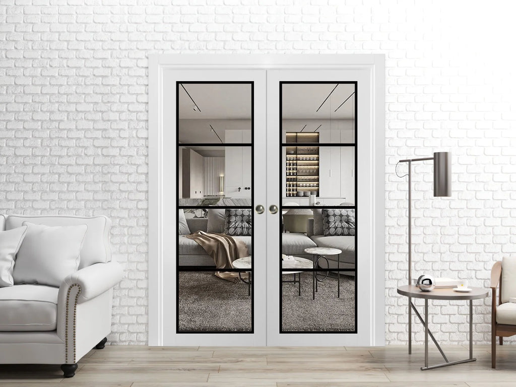 White Silk Clear Glass Solid Wood Double Pocket Doors X276883