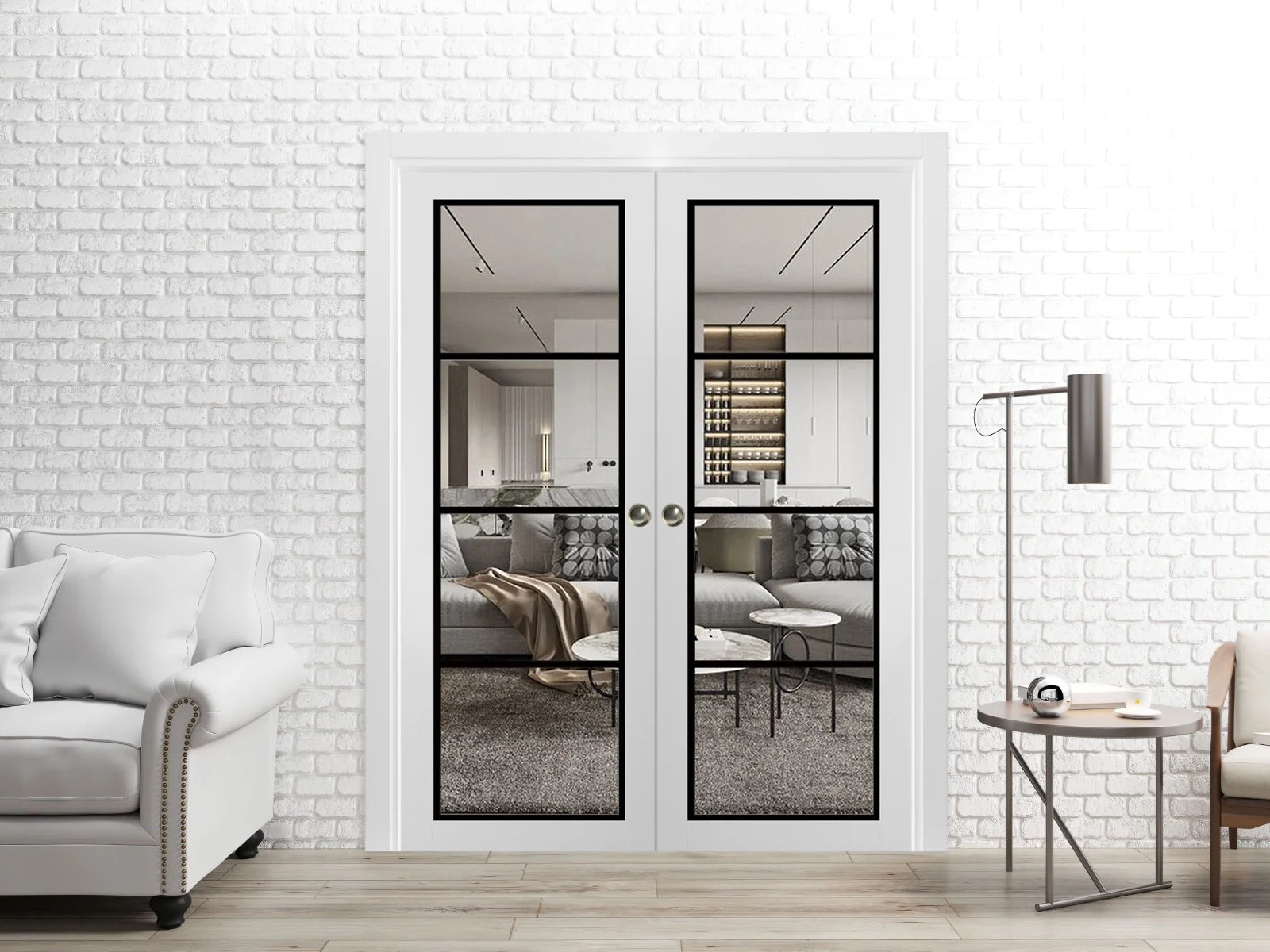 White Silk Clear Glass Solid Wood Double Pocket Doors X276883