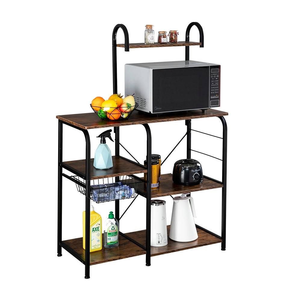 4-Tier Kitchen Baker's Rack Storage Shelf with 10 Hooks Deep Brown S750