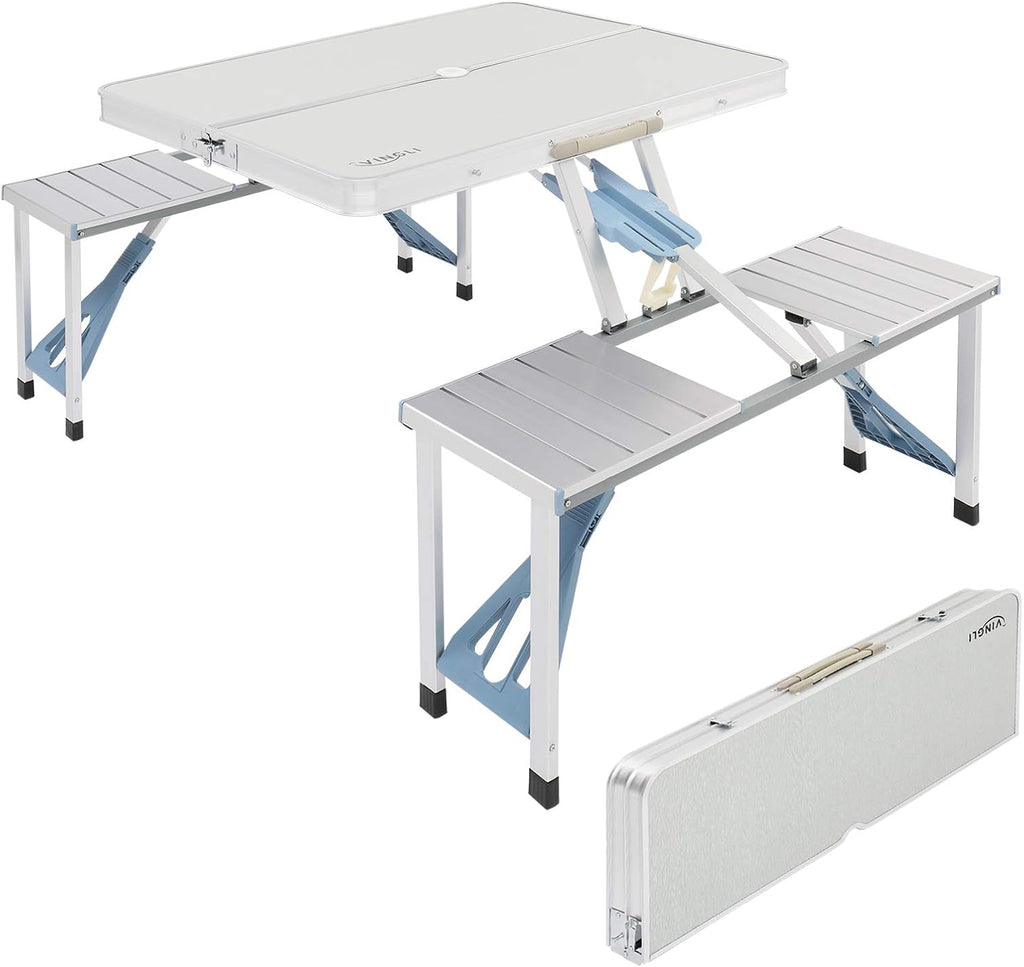 Folding Camping Picnic Table with 4 Seats with Patio Umbrella Hole, Portable Table Aluminum Alloy Frame P8486