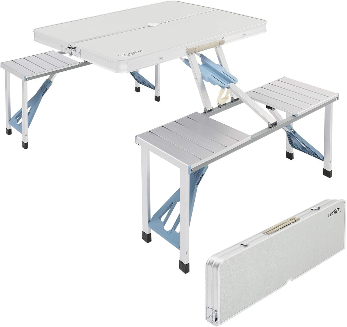 Folding Camping Picnic Table with 4 Seats with Patio Umbrella Hole, Portable Table Aluminum Alloy Frame P8486