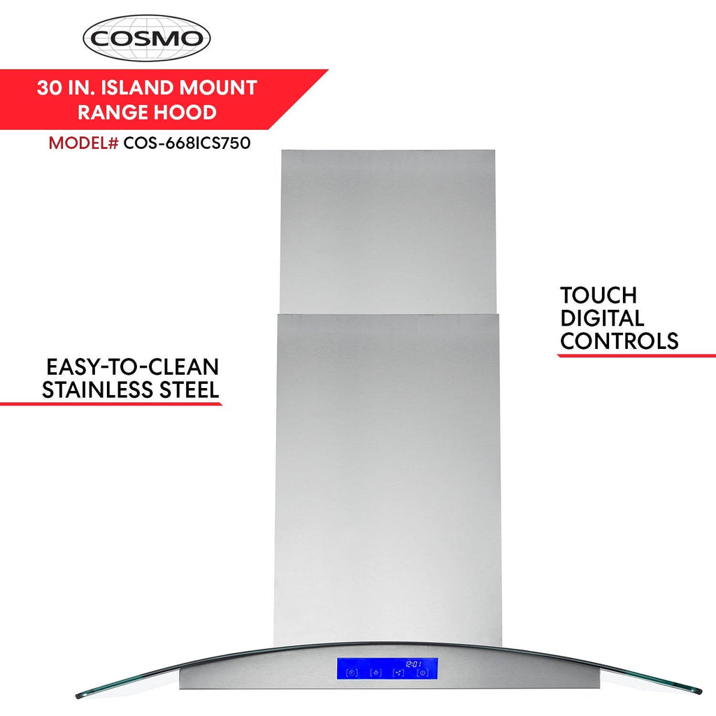 Stainless Steel 30-Inch Ducted Island Mount Range Hood V603