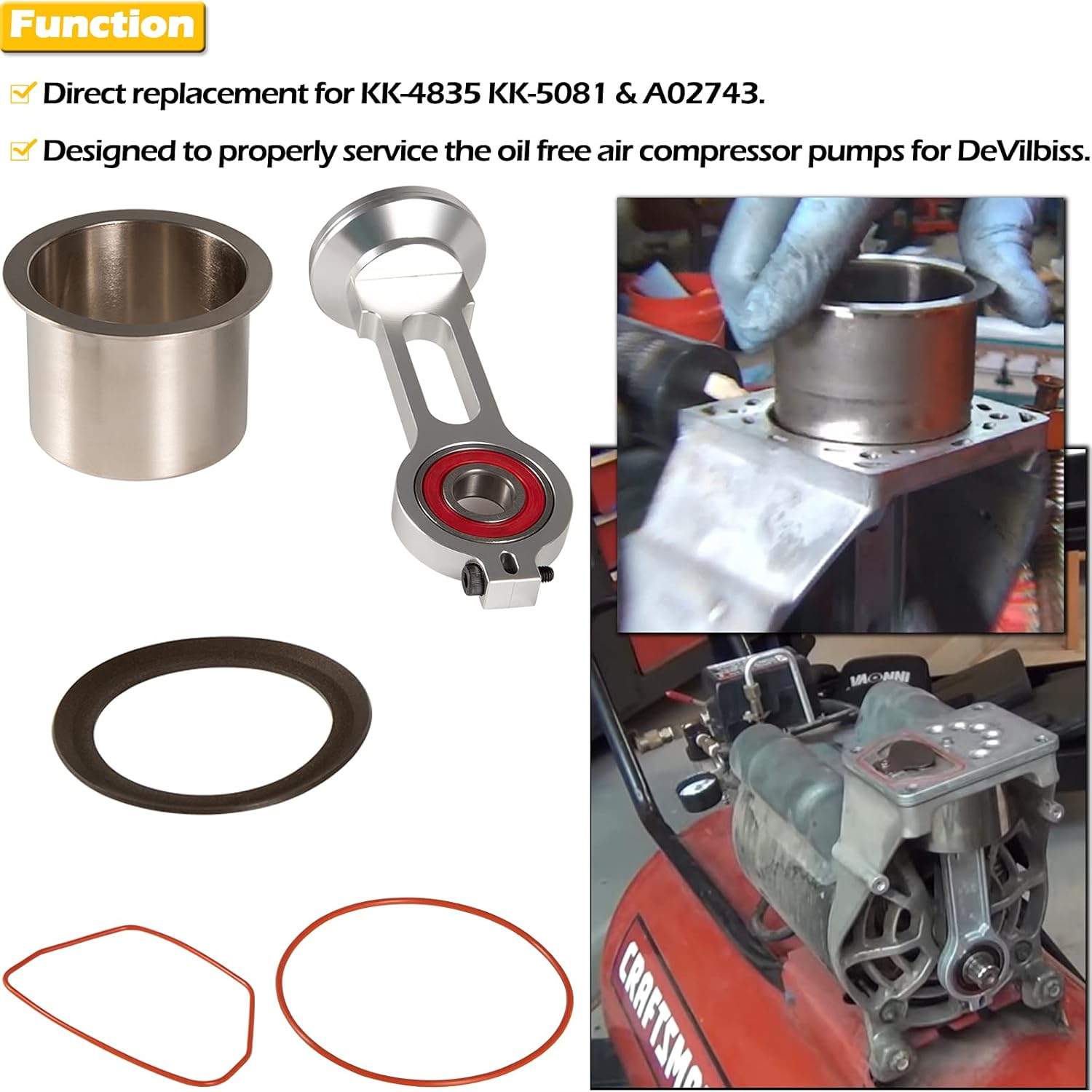 Compressor Piston Kit Connecting Rod Replacement Kit for Oil Free Air Compressor Pump J629510