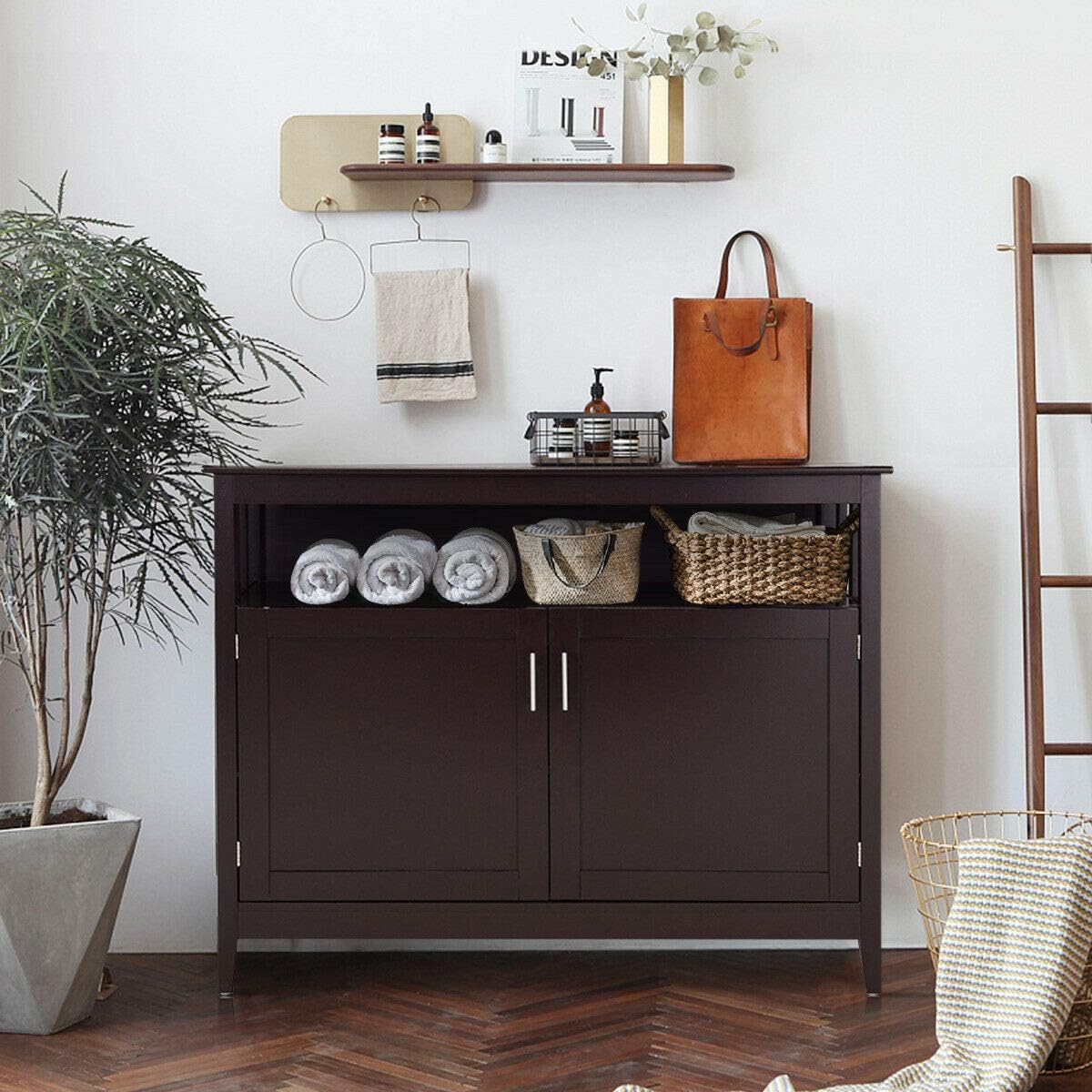 Espresso Wood Kitchen Storage Cabinet Buffet with Adjustable Shelf T386402