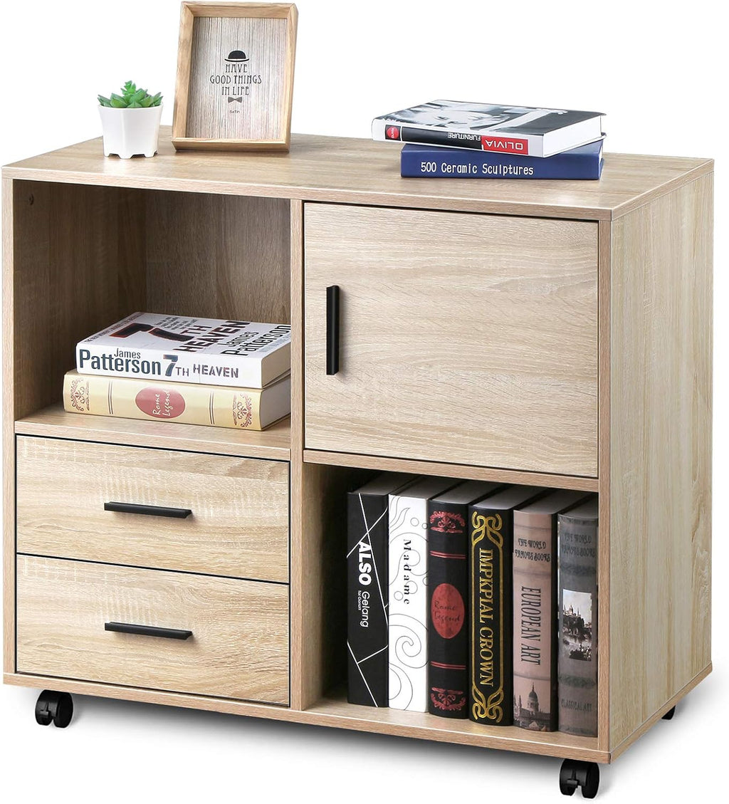 Oak 2 Drawer Mobile Wood File Cabinet with Wheels A13377