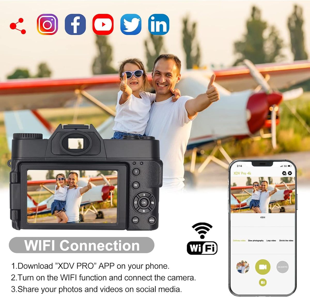 4K 48 MP WiFi Digital Camera with 16X Digital Zoom 3.0 Inch Flip Screen (32GB & 2 x Batteries) J686004