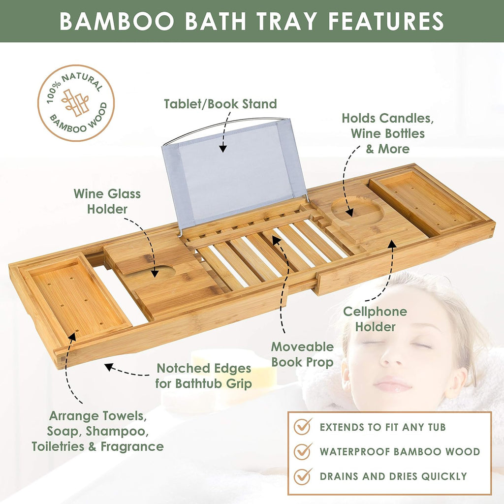 Bamboo Bathtub Caddy Tray with Book & Wine Holder, Expandable, Pack of 2 I463430
