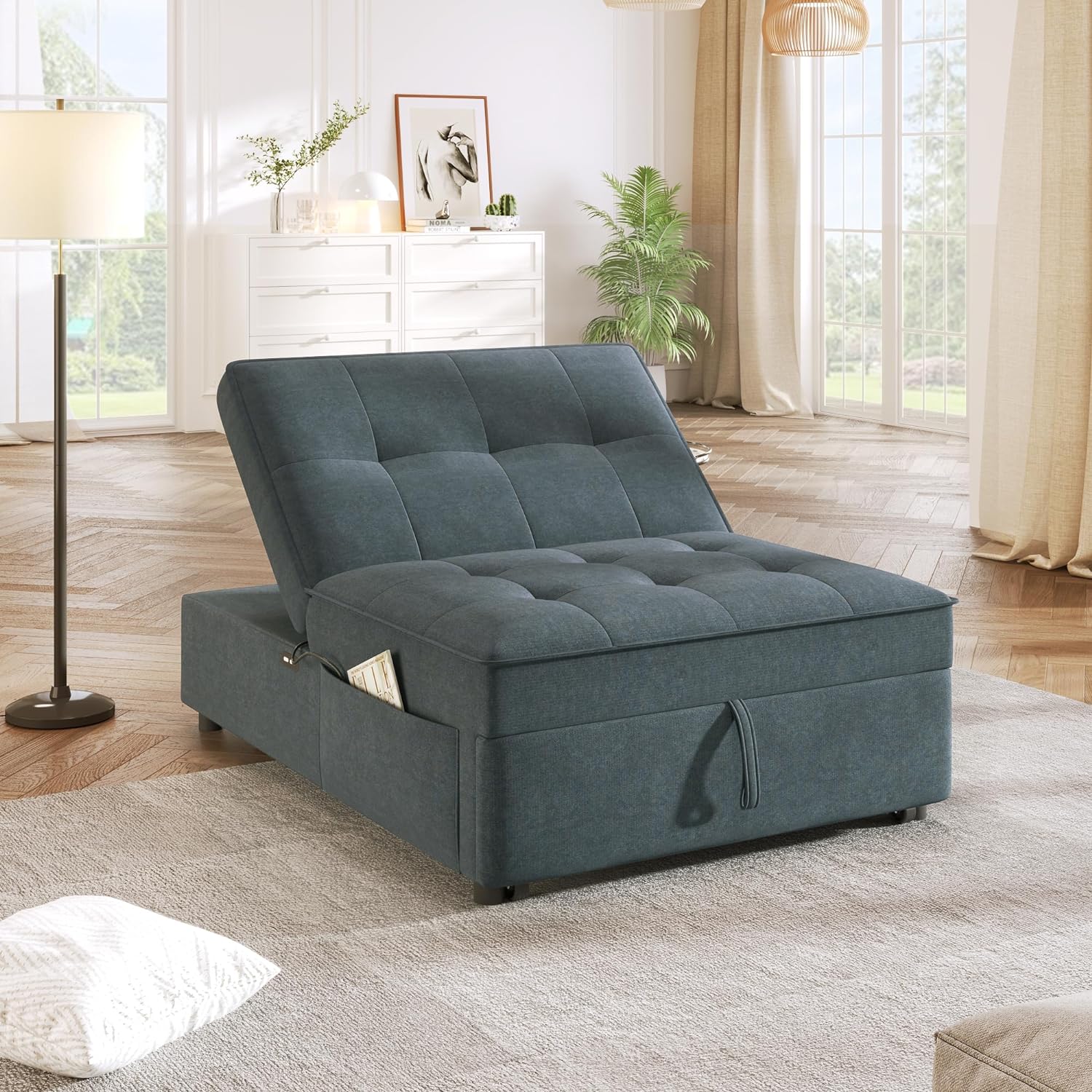Convertible Sofa Bed with Storage Pocket, USB Ports, Foldable Ottoman Single Sleeper Sofa Chair, Deep Blue S616501