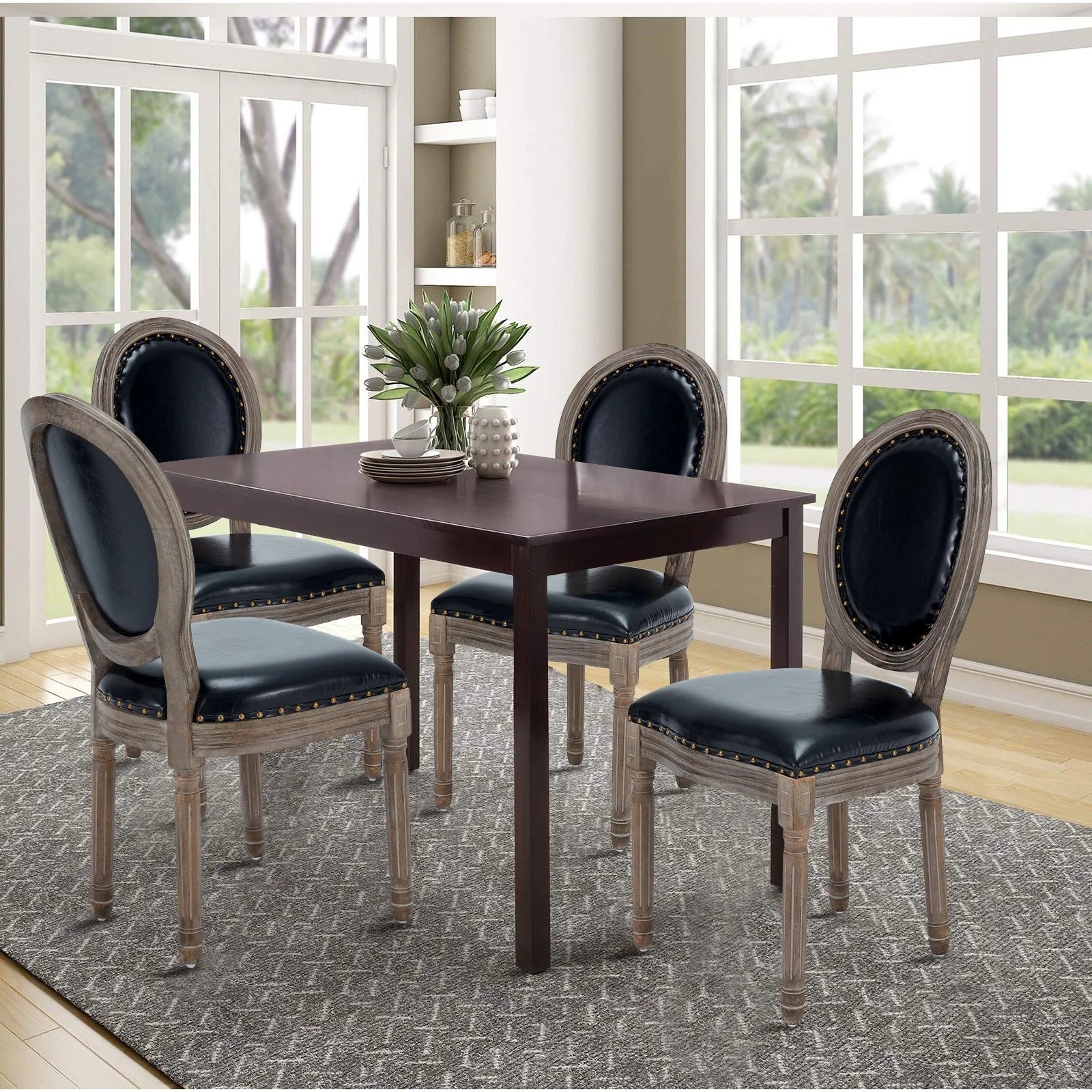 Black Leather Dining Chairs Set of 4 with Solid Wood Legs F93714