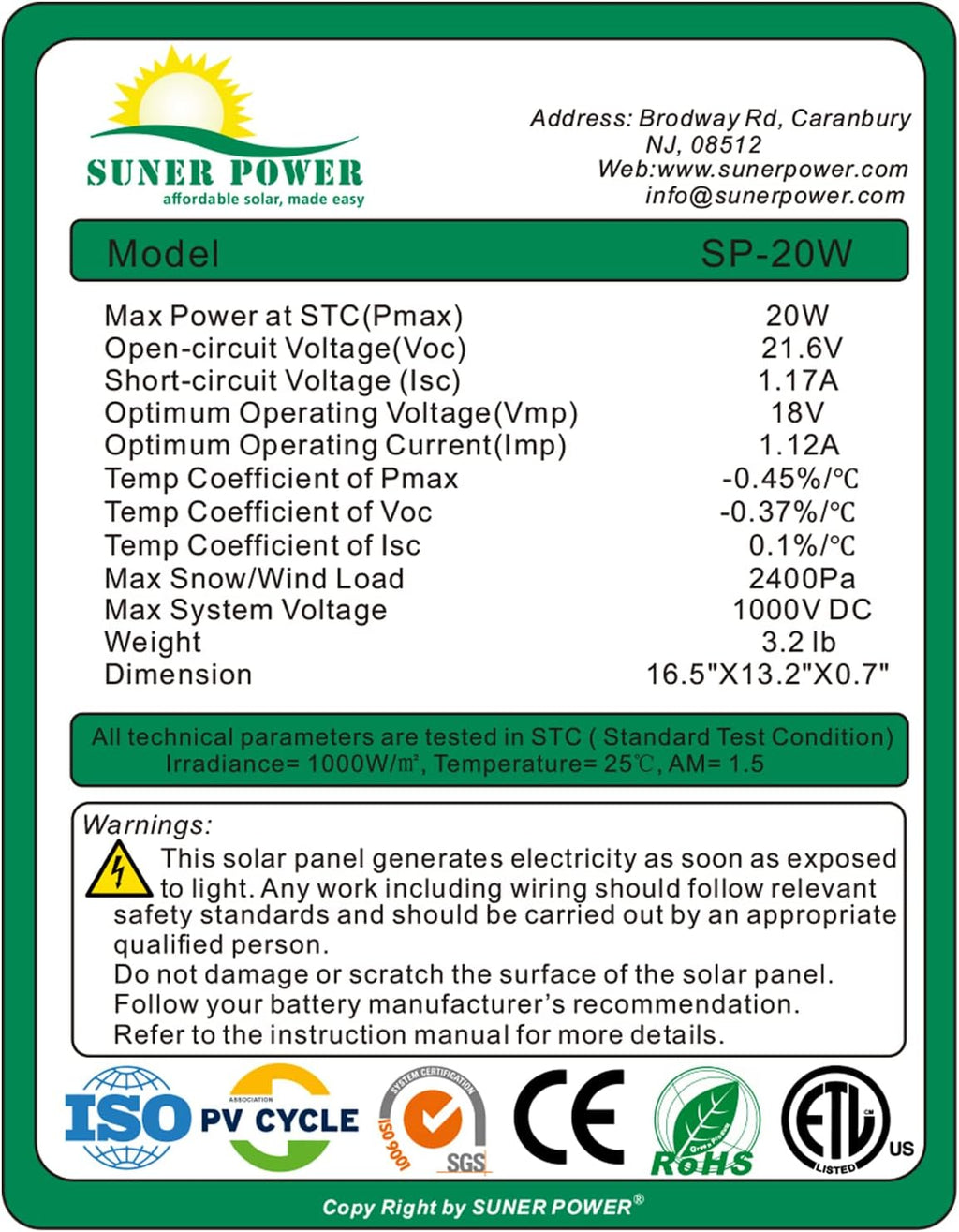 20W Poly Crystalline 12V Solar Panel Kit with 10A Charge Controller and 3-PCS SAE Cable Adapters R17871