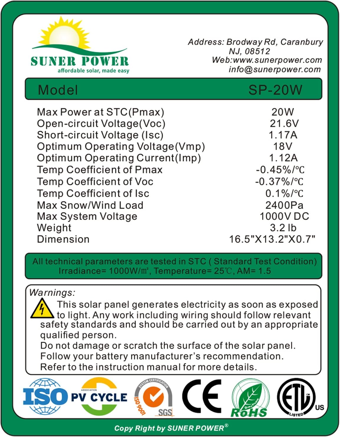 20W Poly Crystalline 12V Solar Panel Kit with 10A Charge Controller and 3-PCS SAE Cable Adapters R17871