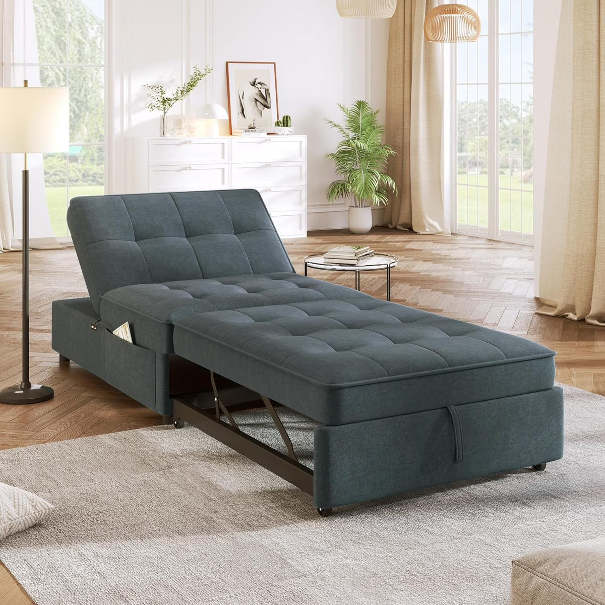 Convertible Sofa Bed with Storage Pocket, USB Ports, Foldable Ottoman Single Sleeper Sofa Chair, Deep Blue S616501