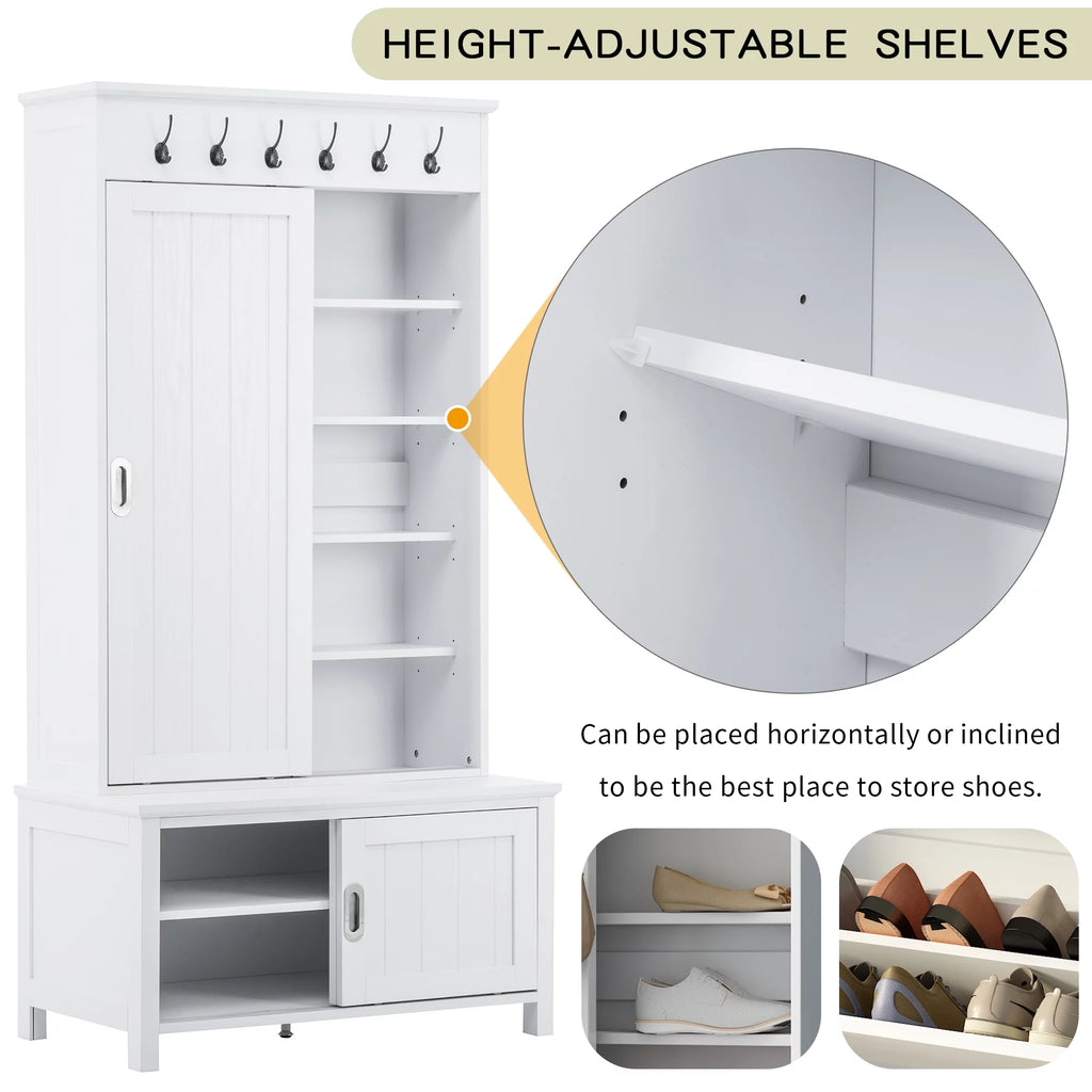 White Wooden Hall Tree with Sliding Doors and Storage Bench S11197