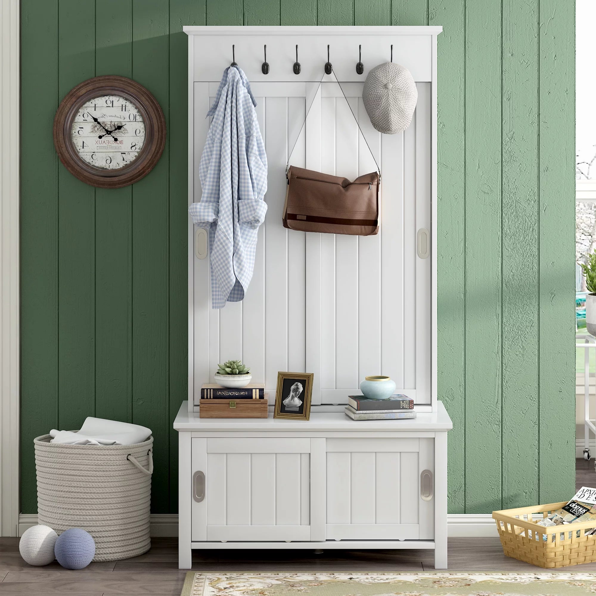 White Wooden Hall Tree with Sliding Doors and Storage Bench S11197