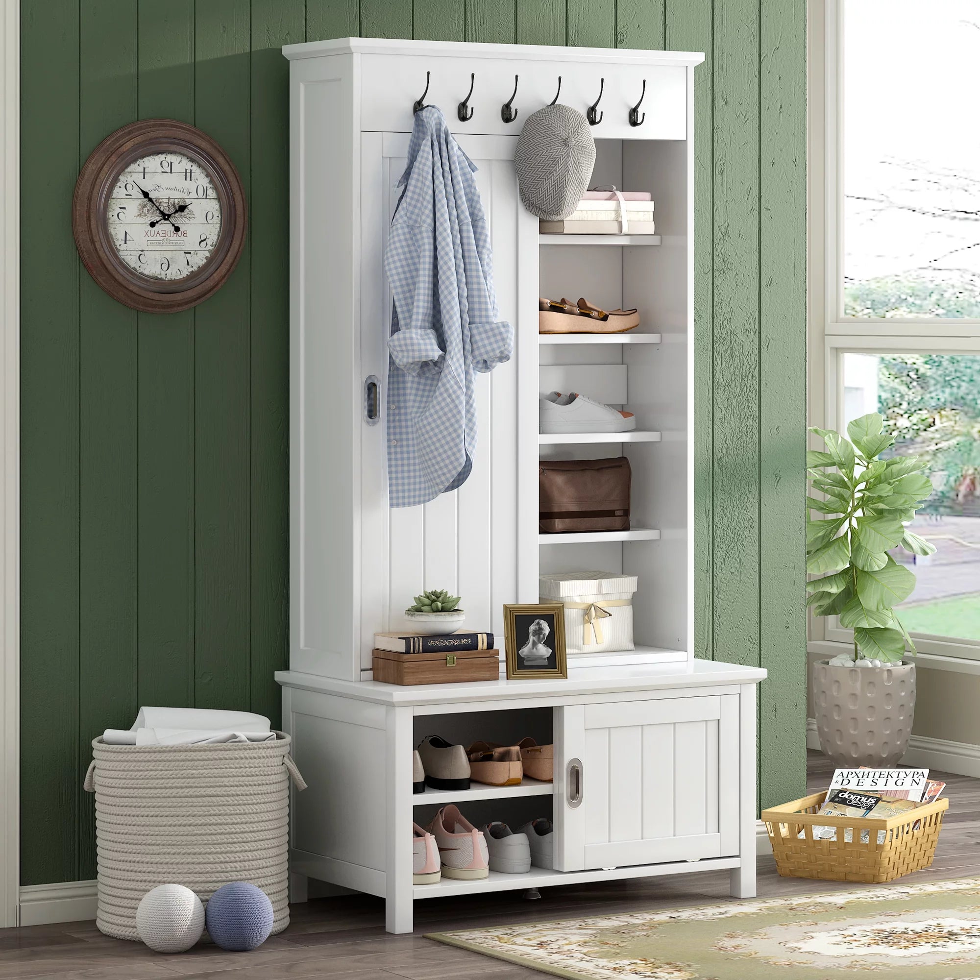 White Wooden Hall Tree with Sliding Doors and Storage Bench S11197