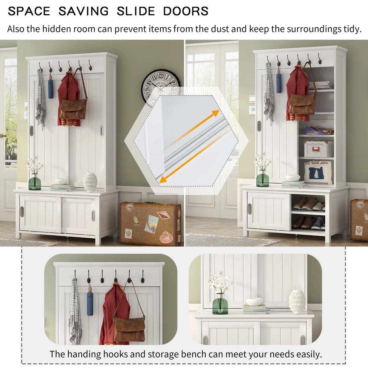 White Wooden Hall Tree with Sliding Doors and Storage Bench S11197
