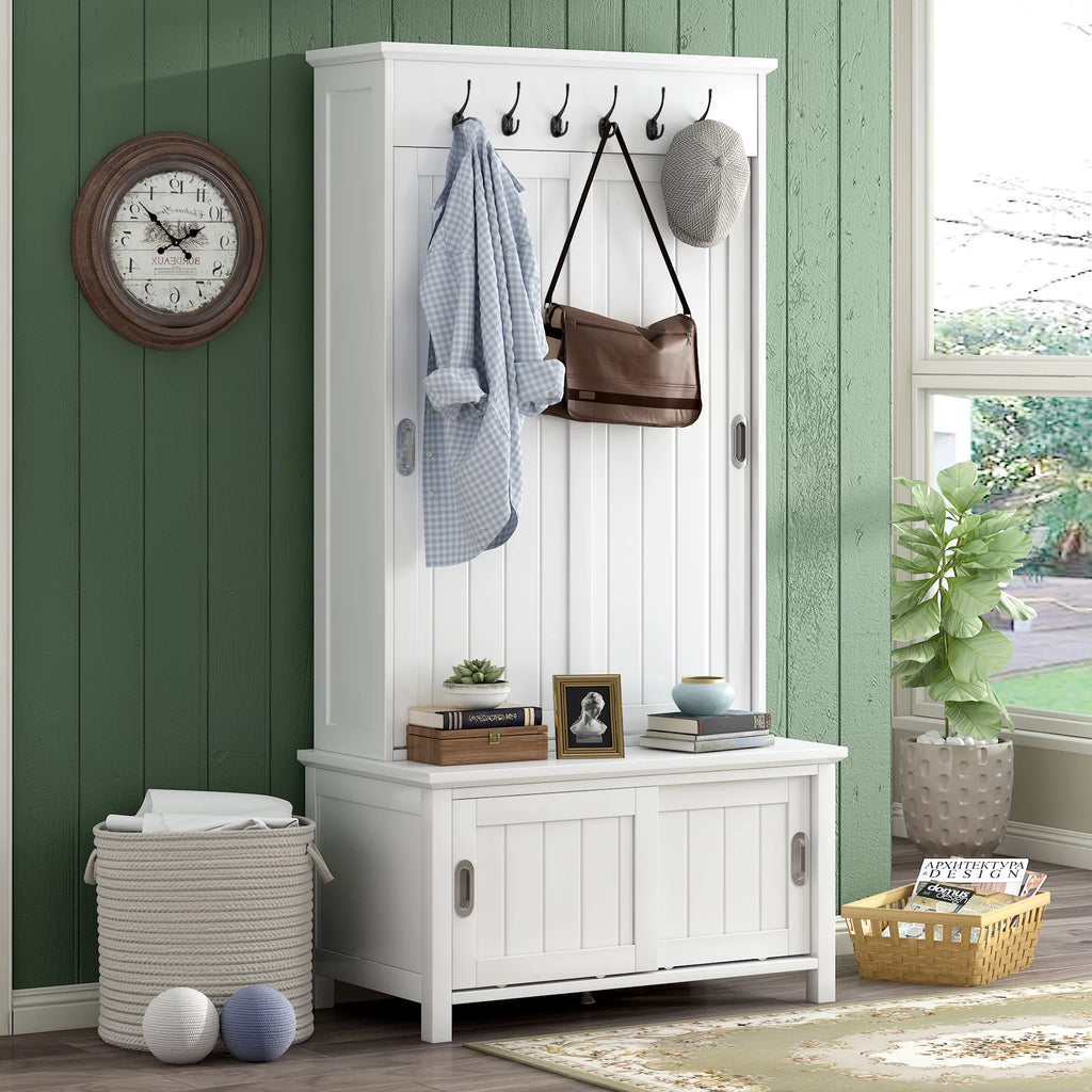 White Wooden Hall Tree with Sliding Doors and Storage Bench S11197