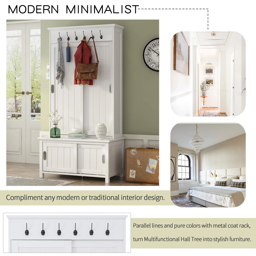 White Wooden Hall Tree with Sliding Doors and Storage Bench S11197