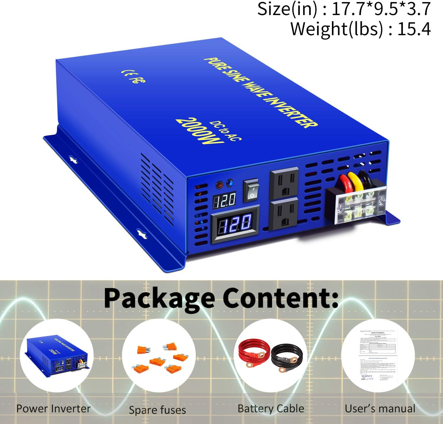 2000W Pure Sine Wave Power Inverter 12V to 120V AC with LED Display N173071