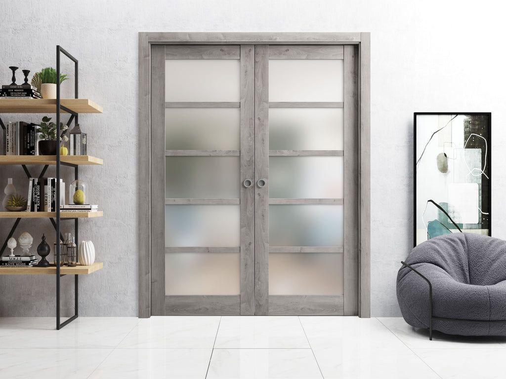 Sliding French Double Pocket Doors 36 x 84 inches Solid Wood with Frosted Glass N44690