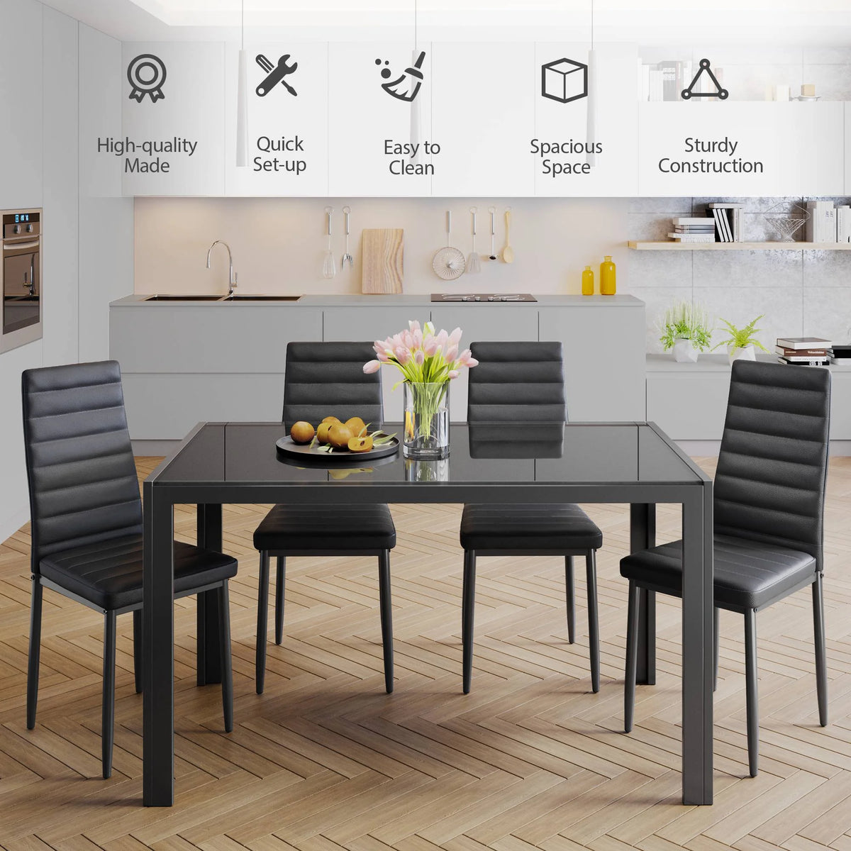 Black 5-Piece Rectangular Kitchen Dining Table Set F10952