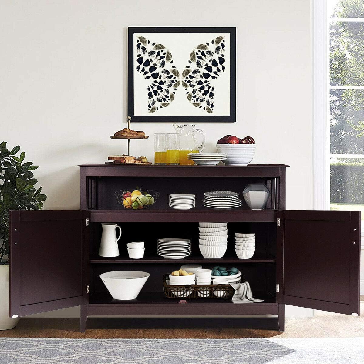 Espresso Wood Kitchen Storage Cabinet Buffet with Adjustable Shelf T386402