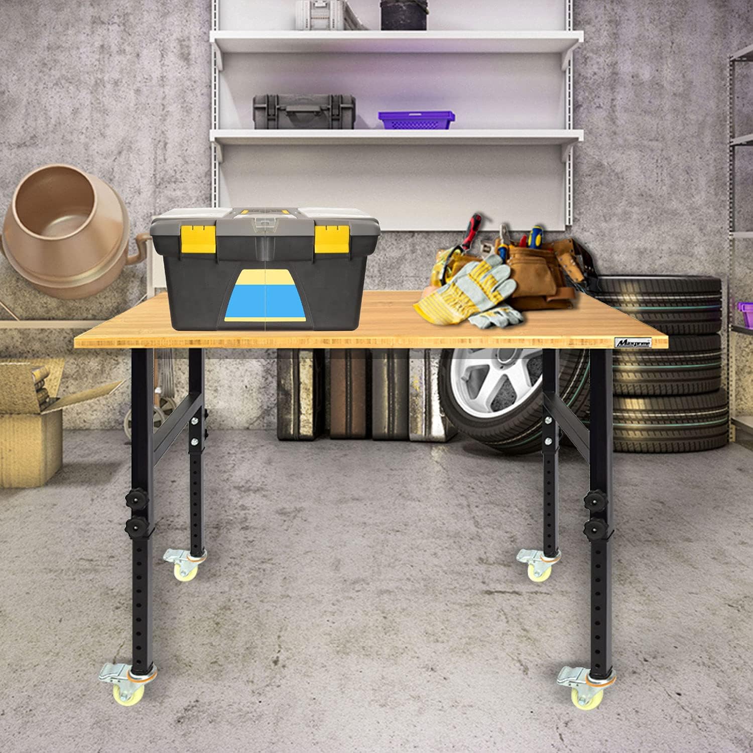 Adjustable Bamboo Top Workbench with Mobile Casters L87719
