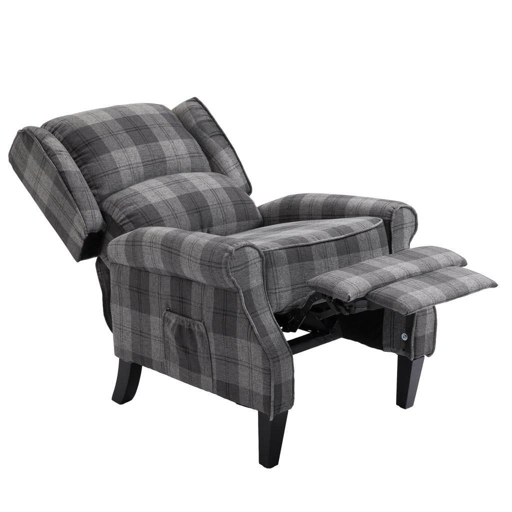 Gray Check Upholstered Recliner Chair with Adjustable Footrest and Side Pocket C748