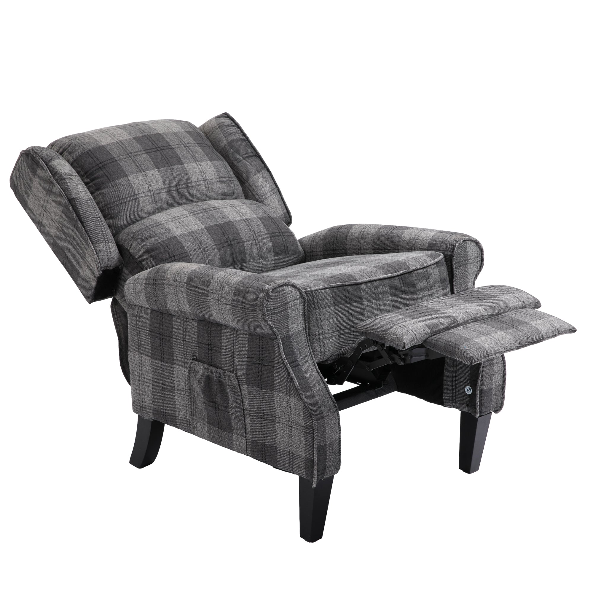 Gray Check Upholstered Recliner Chair with Adjustable Footrest and Side Pocket C748