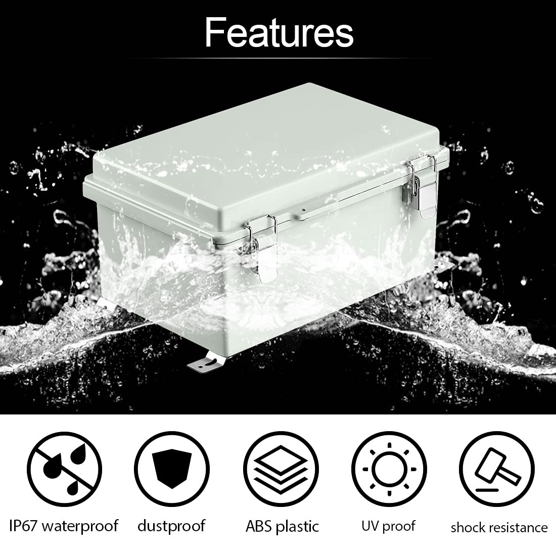 ABS Junction Box Hinged Cover Stainless Steel Latch IP67 Waterproof Plastic Universal Enclosure 8.7x6.7x4.3 inch P639