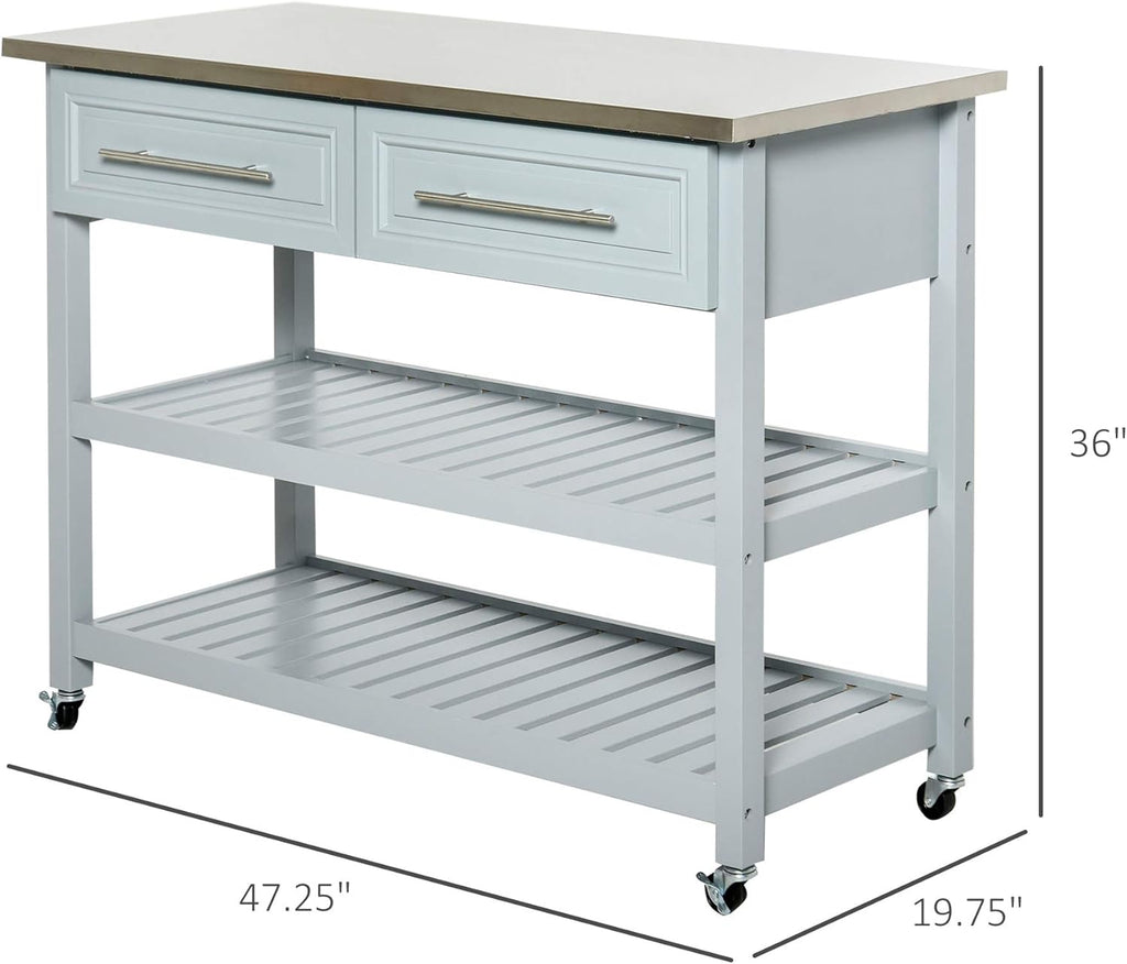 Grey Stainless Steel Top Rolling Utility Cart with Drawers and Shelves P3055