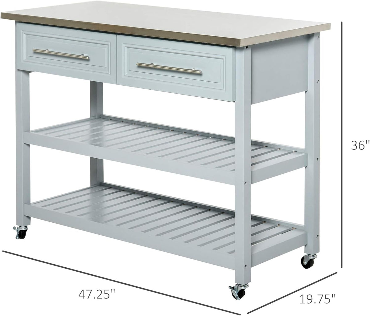 Grey Stainless Steel Top Rolling Utility Cart with Drawers and Shelves P3055