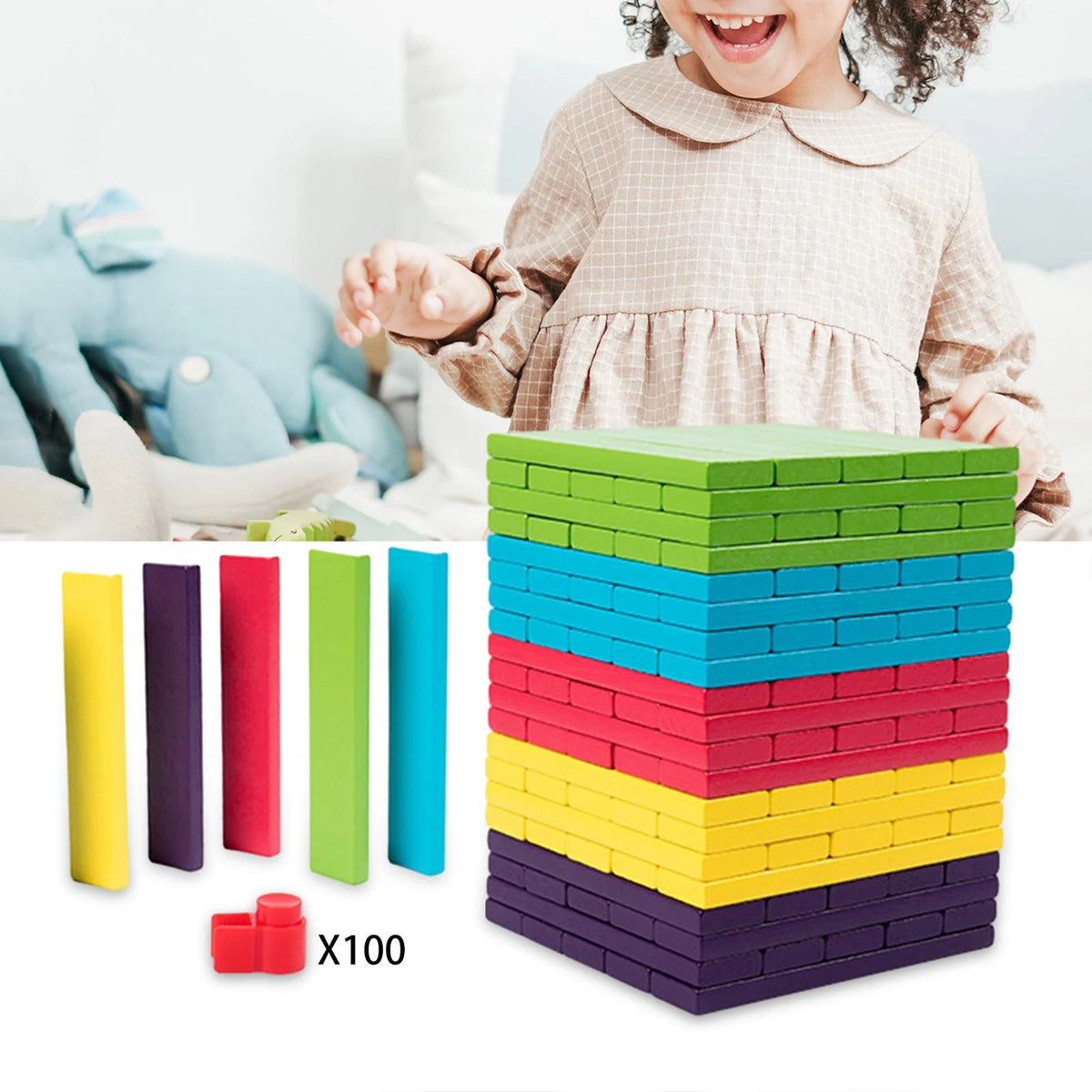 100 Pieces Wooden Blocks Stacking Game Building Kits Board Games V38452