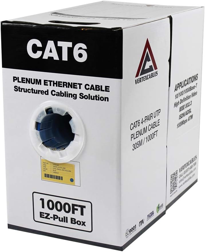 CAT6 Plenum 1000FT 23AWG Solid Network Cable UTP CMP Blue I6417