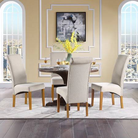Beige Fabric Padded Side Chair Set of 6 with Solid Wood Legs K61764
