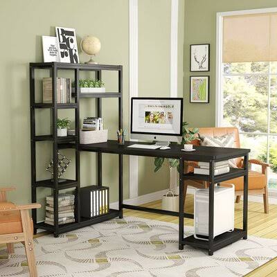 Black Reversible Computer Desk with Hutch D8465